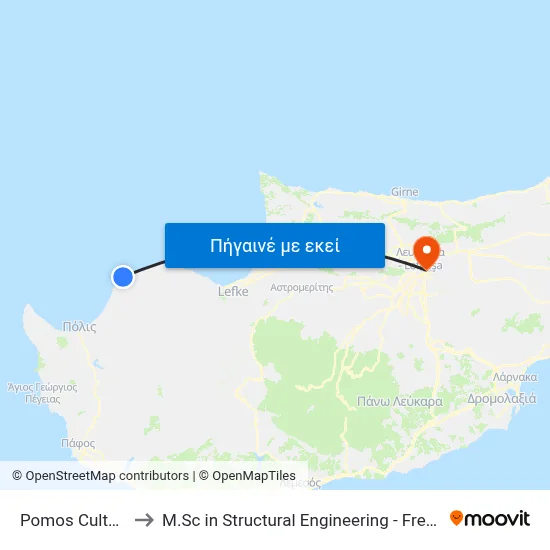 Pomos Cultural Centre to M.Sc in Structural Engineering - Frederick University Cyprus map