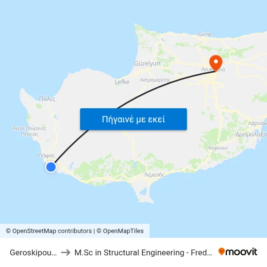 Geroskipou Beach to M.Sc in Structural Engineering - Frederick University Cyprus map