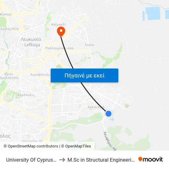 University Of Cyprus - Oceanography Center to M.Sc in Structural Engineering - Frederick University Cyprus map