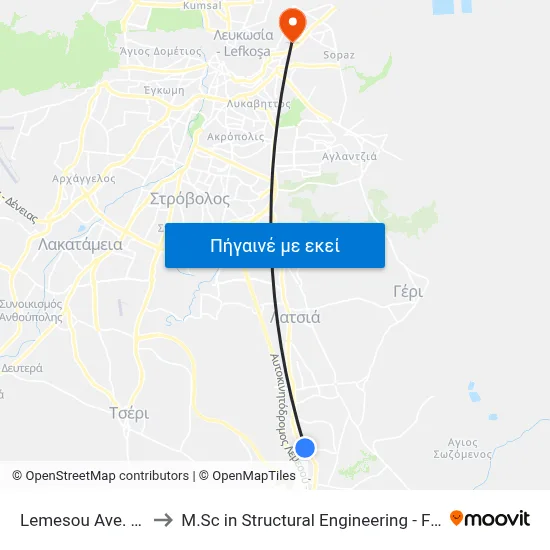 Lemesou Ave. - Evagelistrias to M.Sc in Structural Engineering - Frederick University Cyprus map