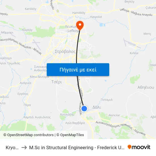 Kryoneri to M.Sc in Structural Engineering - Frederick University Cyprus map