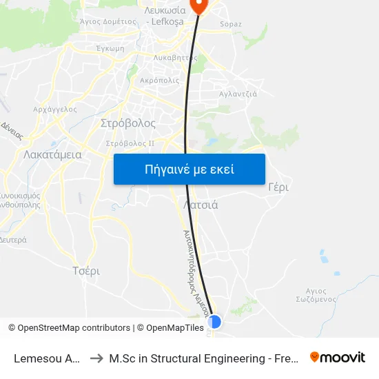 Lemesou Ave. - Dixan to M.Sc in Structural Engineering - Frederick University Cyprus map