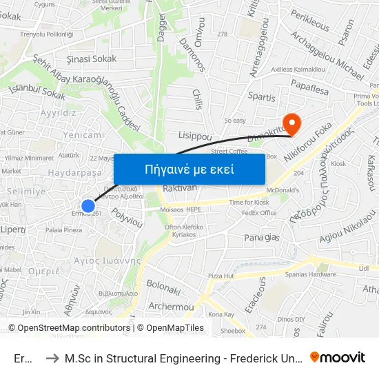 Ermou to M.Sc in Structural Engineering - Frederick University Cyprus map