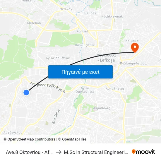 Ave.8 Oktovriou - Aftokratoros Ioustinianou to M.Sc in Structural Engineering - Frederick University Cyprus map