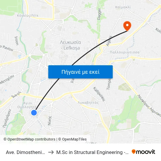 Ave. Dimostheni Severi - Nikitara to M.Sc in Structural Engineering - Frederick University Cyprus map