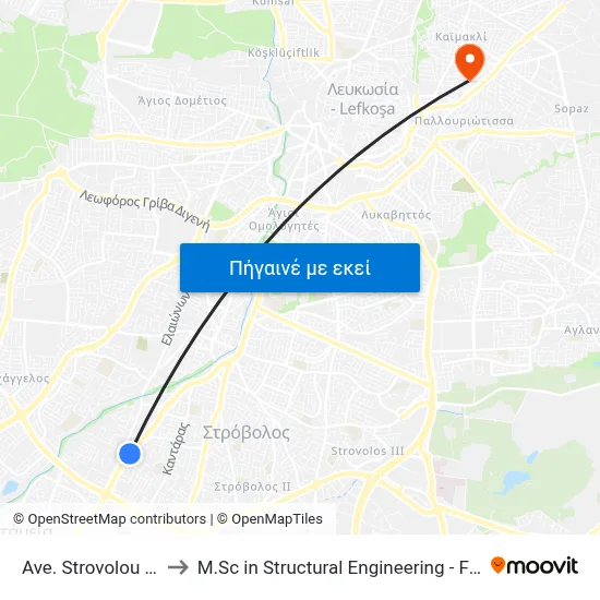 Ave. Strovolou - Pavlou Mela to M.Sc in Structural Engineering - Frederick University Cyprus map