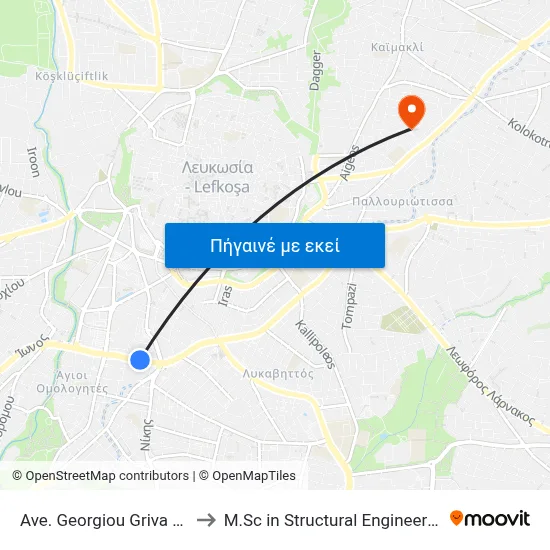 Ave. Georgiou Griva Digeni - Themistokli Dervi to M.Sc in Structural Engineering - Frederick University Cyprus map