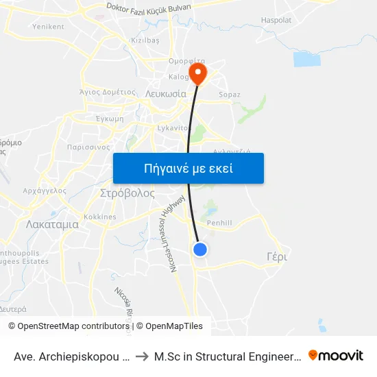 Ave. Arch. Makariou C - Petrou Iliadi to M.Sc in Structural Engineering - Frederick University Cyprus map