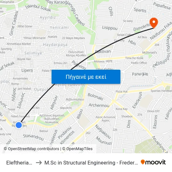 Eleftheria Square to M.Sc in Structural Engineering - Frederick University Cyprus map
