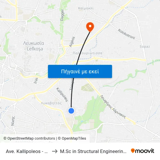 Ave. Kallipoleos - University Of Cyprus to M.Sc in Structural Engineering - Frederick University Cyprus map