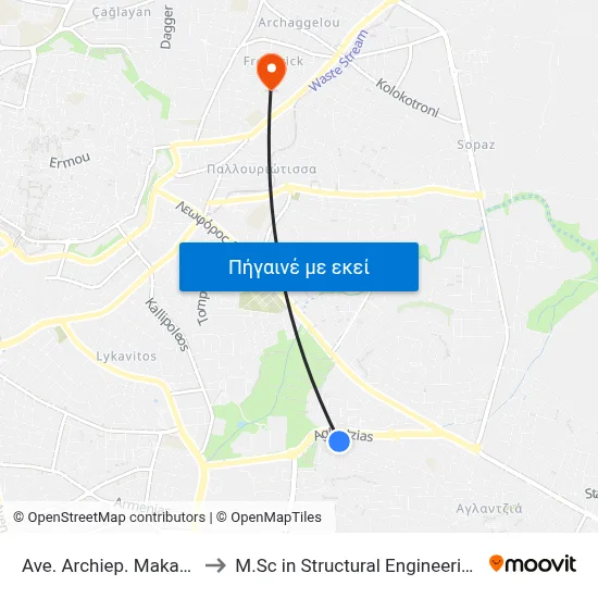 Ave. Archiep. Makariou C - Agamemnonos to M.Sc in Structural Engineering - Frederick University Cyprus map