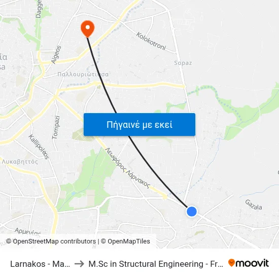 Larnakos - Markou Drakou to M.Sc in Structural Engineering - Frederick University Cyprus map