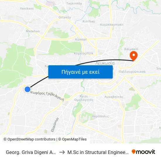 Georg. Griva Digeni Ave. - Kolakasidi Roundabout to M.Sc in Structural Engineering - Frederick University Cyprus map
