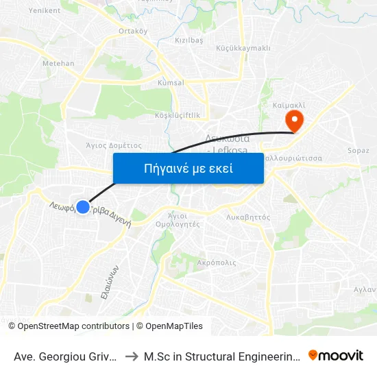 Ave. Georgiou Griva Digeni - Hilton Park to M.Sc in Structural Engineering - Frederick University Cyprus map
