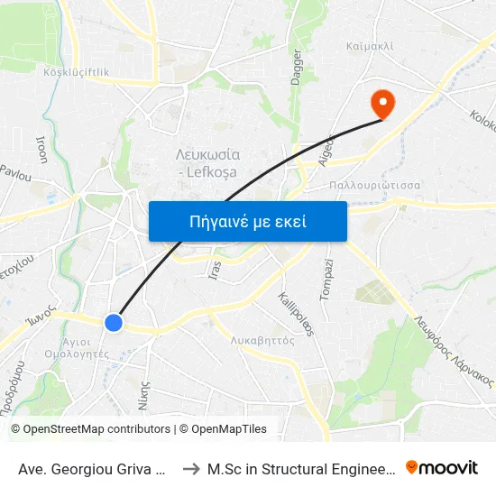 Ave. Georgiou Griva Digeni - Kosta Chatzopoulou to M.Sc in Structural Engineering - Frederick University Cyprus map