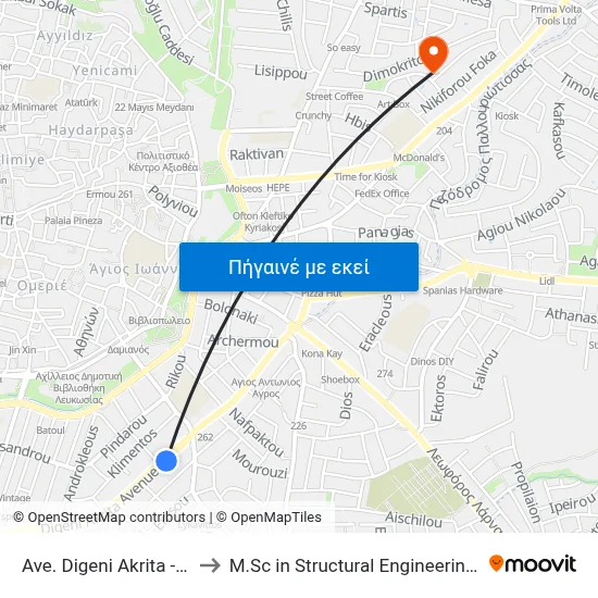 Ave. Digeni Akrita - Ag. Antonios Market to M.Sc in Structural Engineering - Frederick University Cyprus map