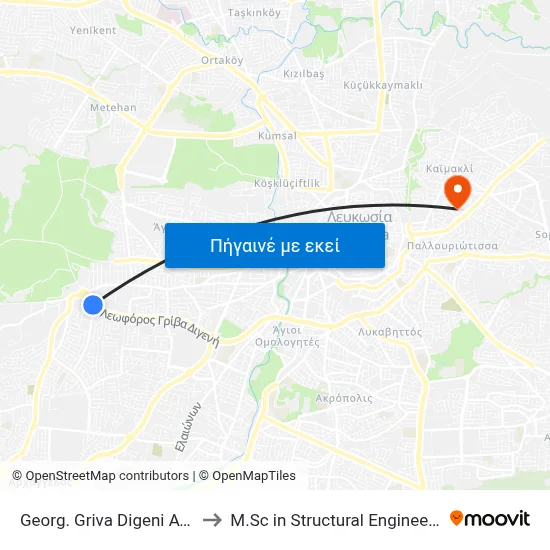 Georg. Griva Digeni Ave. - Kolakasidi Roundabout to M.Sc in Structural Engineering - Frederick University Cyprus map