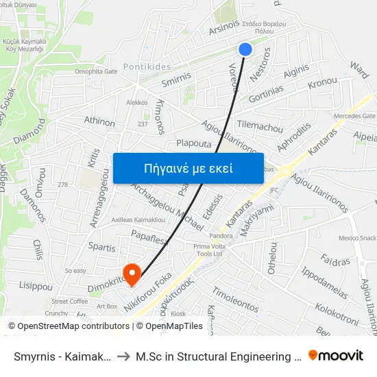 Smyrnis - Kaimakli Grammiko Park to M.Sc in Structural Engineering - Frederick University Cyprus map