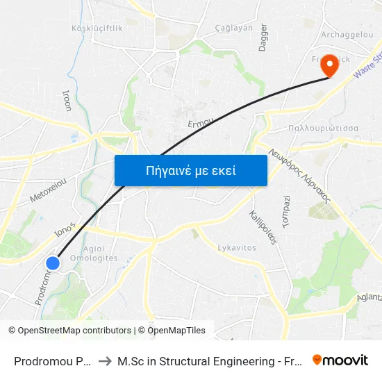 Prodromou Post Office to M.Sc in Structural Engineering - Frederick University Cyprus map