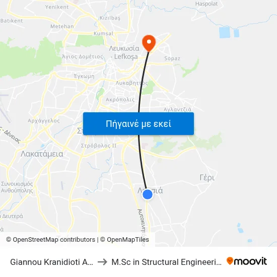 Giannou Kranidioti Ave. - Dionysiou Solomou to M.Sc in Structural Engineering - Frederick University Cyprus map