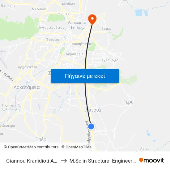 Giannou Kranidioti Ave. - Grigoriou Papaflessa to M.Sc in Structural Engineering - Frederick University Cyprus map