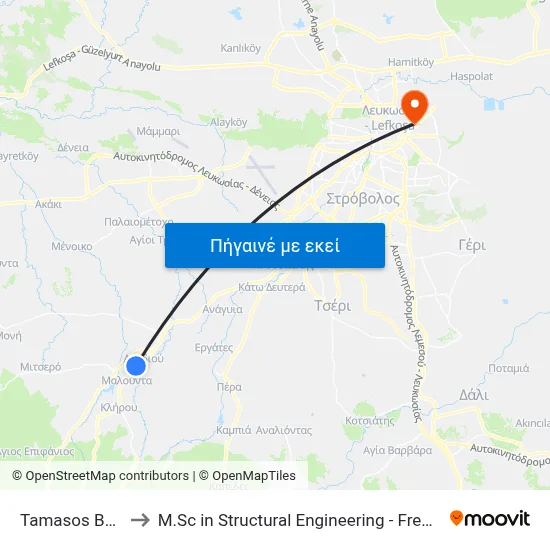Tamasos Bus Station to M.Sc in Structural Engineering - Frederick University Cyprus map