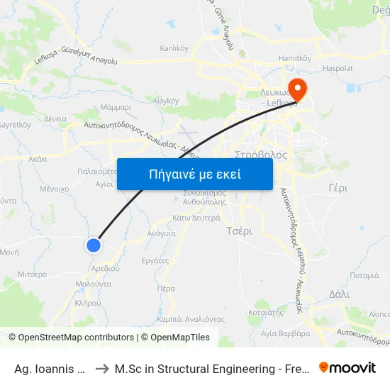 Ag. Ioannis Malountas to M.Sc in Structural Engineering - Frederick University Cyprus map