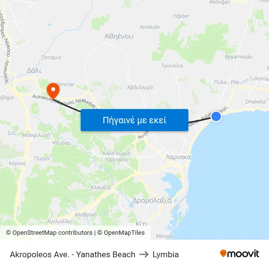 Akropoleos Ave. - Yanathes Beach to Lymbia map
