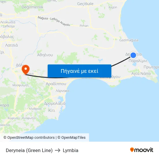 Deryneia (Green Line) to Lymbia map