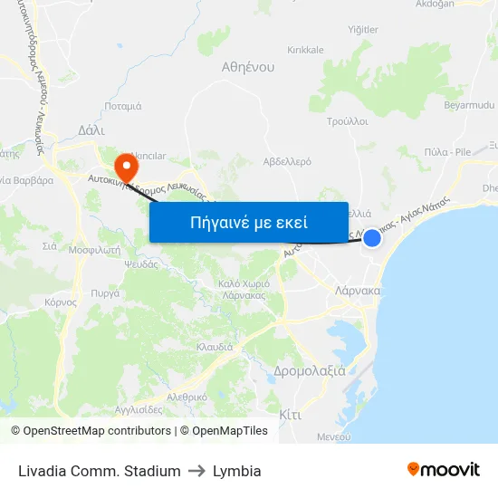 Livadia Comm. Stadium to Lymbia map