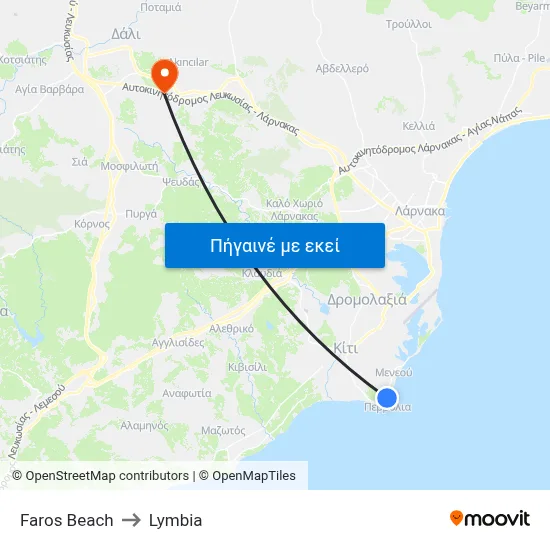 Faros Beach to Lymbia map