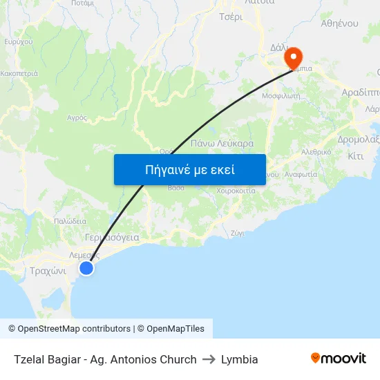 Tzelal Bagiar - Ag. Antonios Church to Lymbia map