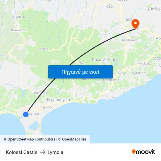 Kolossi Castle to Lymbia map