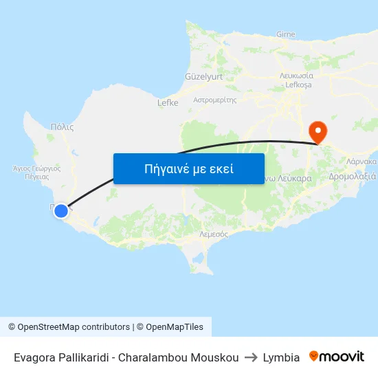 Evagora Pallikaridi - Charalambou Mouskou to Lymbia map