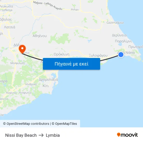 Nissi Bay Beach to Lymbia map