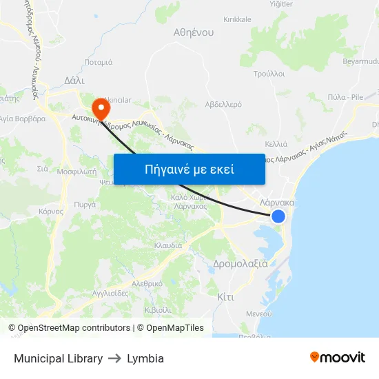 Municipal Library to Lymbia map