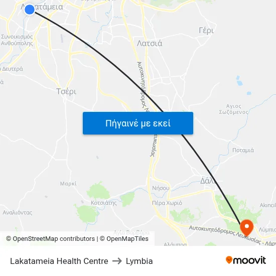 Lakatameia Health Centre to Lymbia map