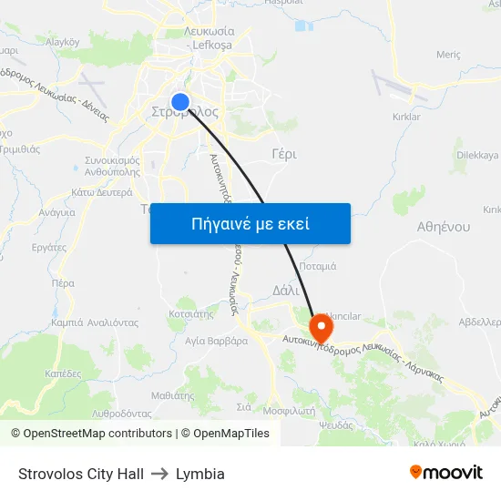 Strovolos City Hall to Lymbia map