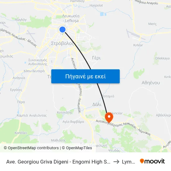 Ave. Georgiou Griva Digeni - Engomi High School to Lymbia map
