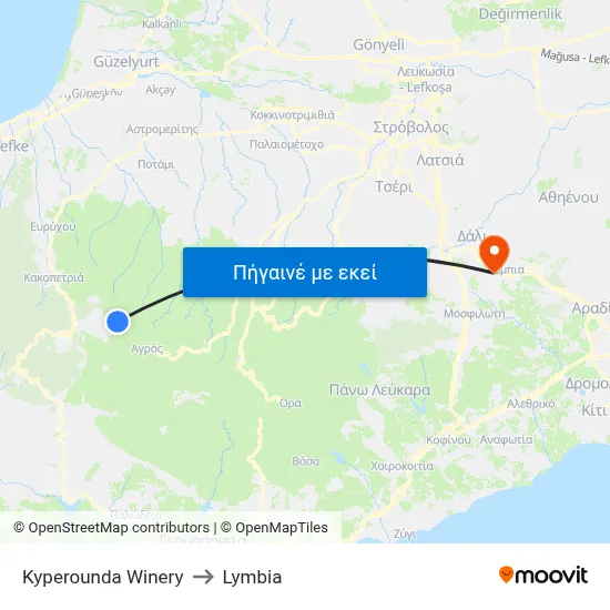 Kyperounda Winery to Lymbia map