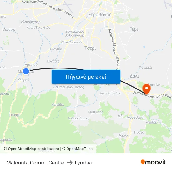 Malounta Comm. Centre to Lymbia map