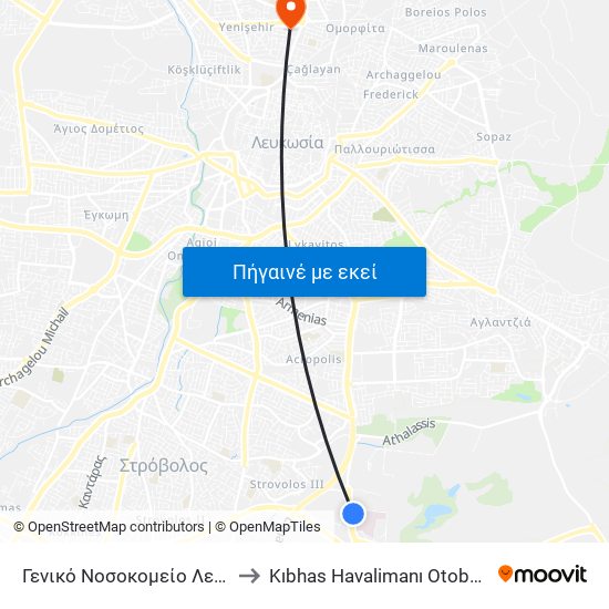 Γενικό Νοσοκομείο Λευκωσίας to Kıbhas Havalimanı Otobüs Servisi map