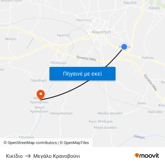 Κικίδιο to Mεγάλο Κρανοβούνι map