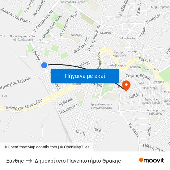 Ξάνθης to Δημοκρίτειο Πανεπιστήμιο Θράκης map