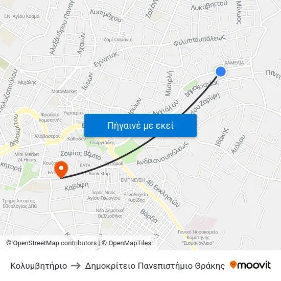 Κολυμβητήριο to Δημοκρίτειο Πανεπιστήμιο Θράκης map