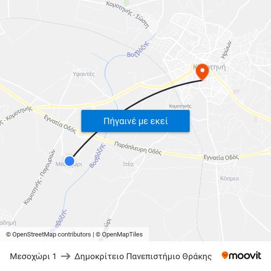 Μεσοχώρι 1 to Δημοκρίτειο Πανεπιστήμιο Θράκης map