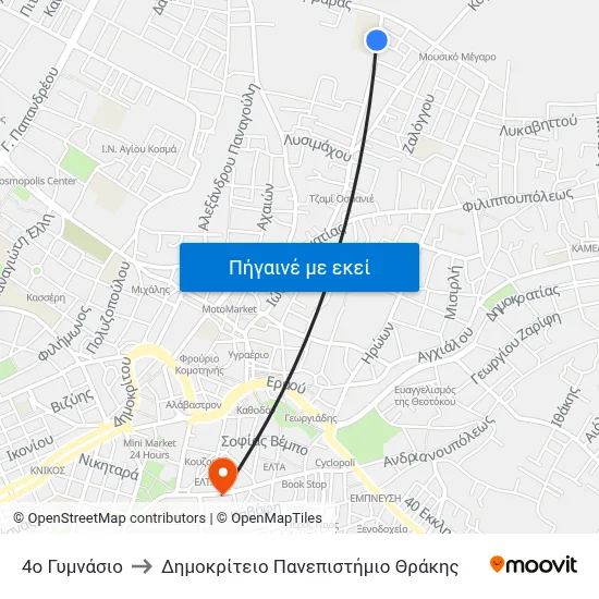 4ο Γυμνάσιο to Δημοκρίτειο Πανεπιστήμιο Θράκης map