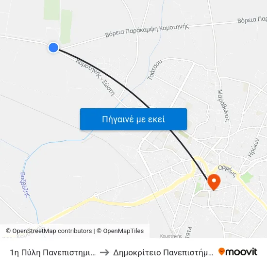 1η Πύλη Πανεπιστημιούπολης to Δημοκρίτειο Πανεπιστήμιο Θράκης map