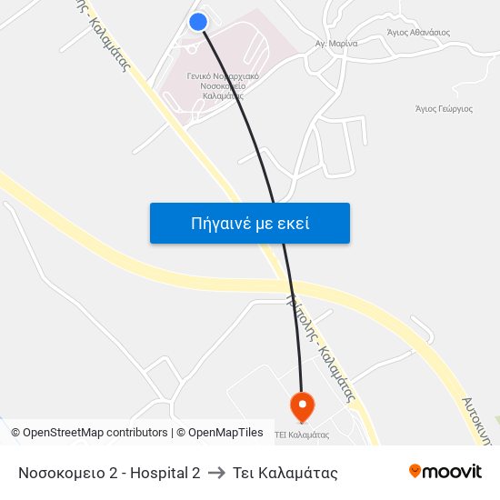 Νοσοκομειο 2 - Hospital 2 to Τει Καλαμάτας map