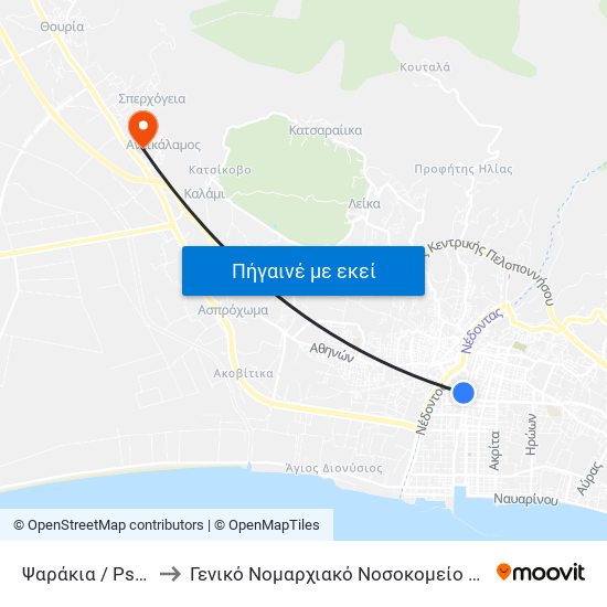 Ψαράκια / Psarakia to Γενικό Νομαρχιακό Νοσοκομείο Καλαμάτας map